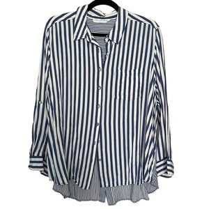 Jane & Delancey Anthropologie Blue White Stripe Button Up Poplin Shirt 1X Rayon
